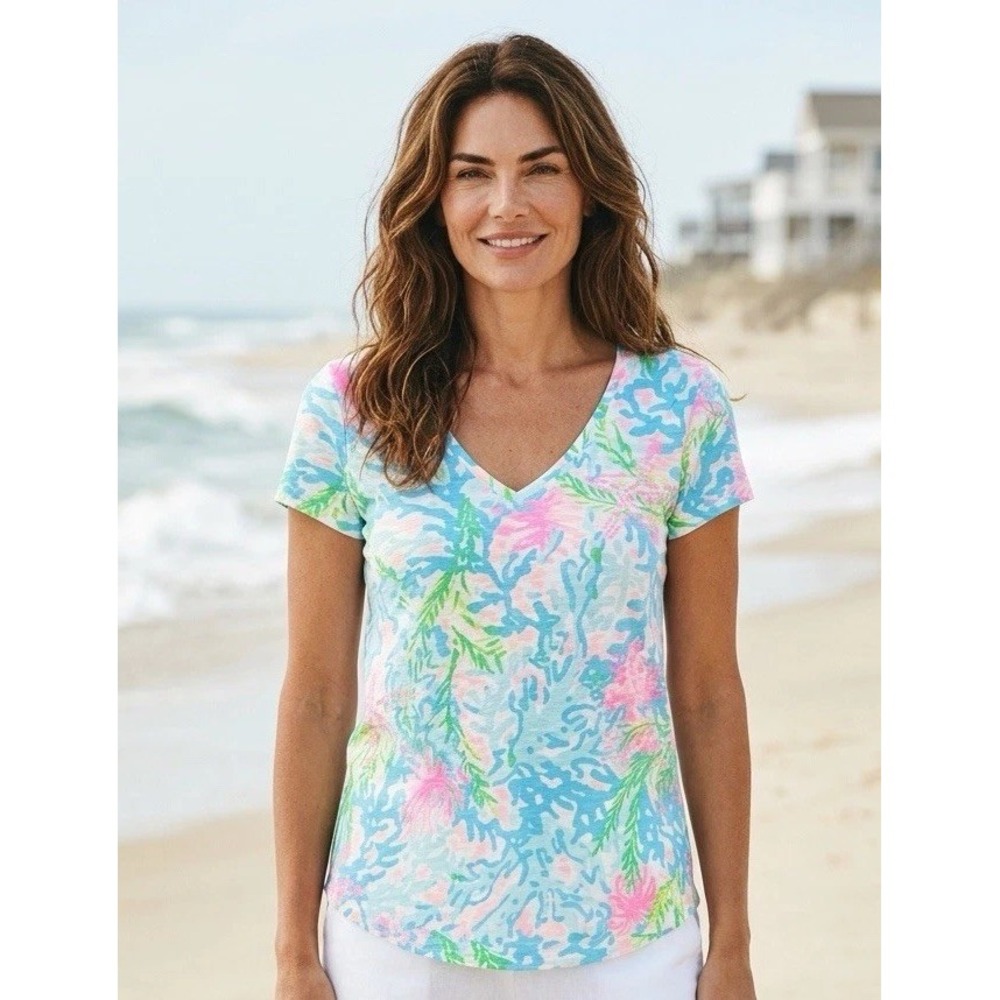 NEW Lilly Pulitzer 2XS Etta Top V Neck Coral Bay Shirt Blue Pink Size XX Small